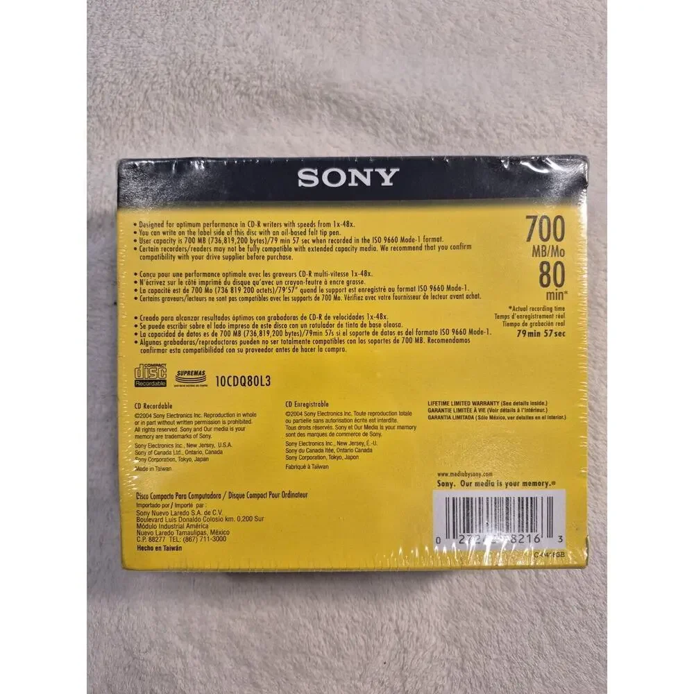 NEW SEALED Sony CD-R 80 Minute 700 MB 48X in Slim Jewel Case (10-Pack)